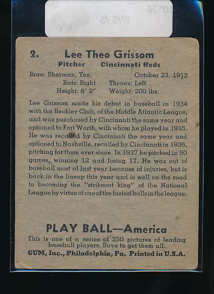 1939 Play Ball  2 Lee Grissom  VG 10526