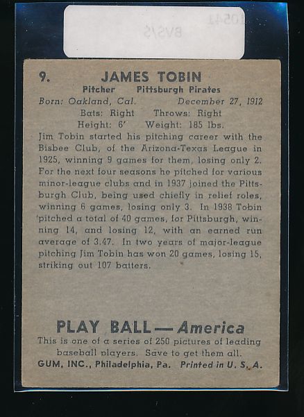 1939 Play Ball  9 James Tobin  VG-EX 10541