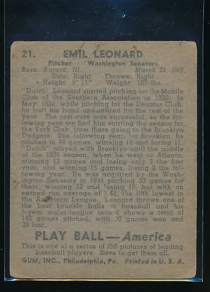 1939 Play Ball  21 Dutch Leonard  Trimmed 10574