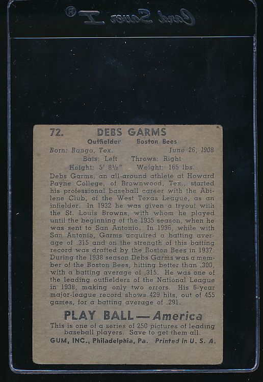 1939 Play Ball  72 Debs Garms  VG 10753