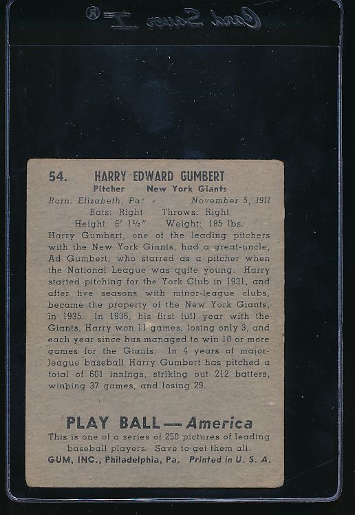 1939 Play Ball  54 Harry Gumpert  VG 10785