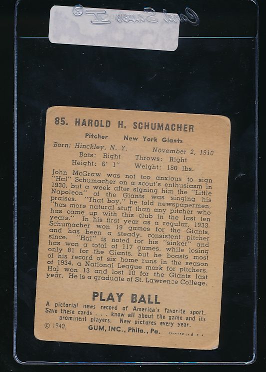1940 Play Ball  85 Hal Schumacher   VG 10995