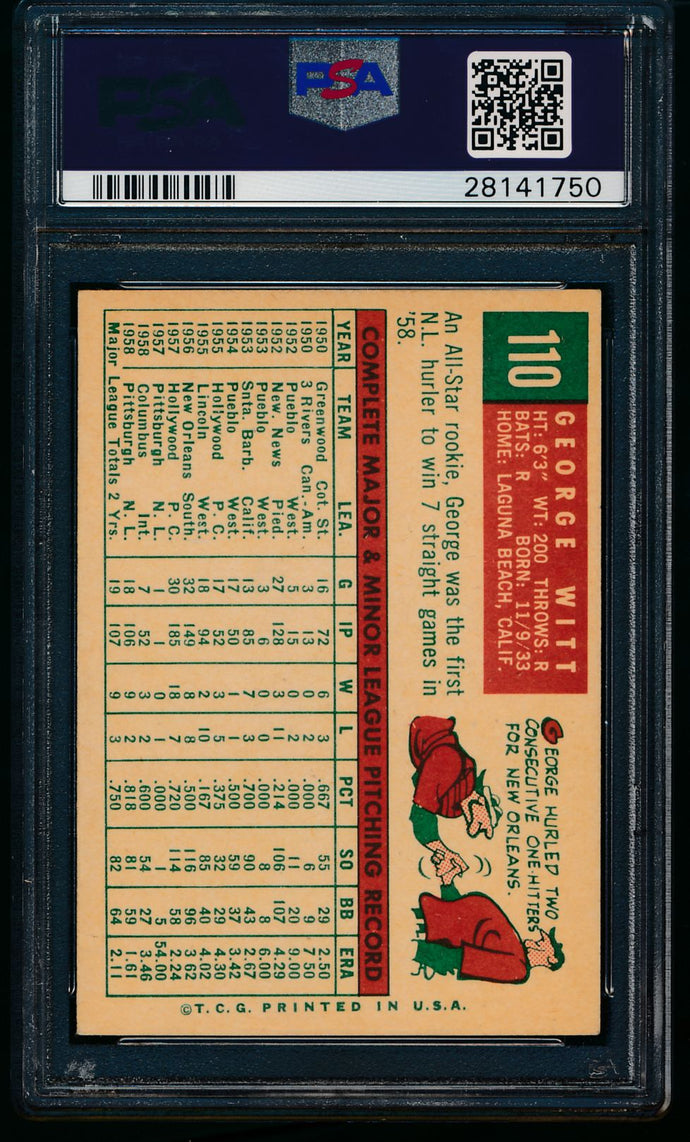 1959 Topps  110 George Witt  PSA 7.5 NM+ 11507