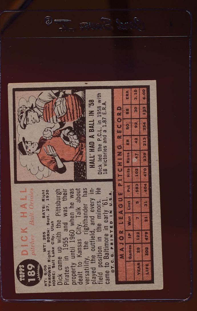 1962 Topps  189A Dick Hall/Green Tint  EX 12511