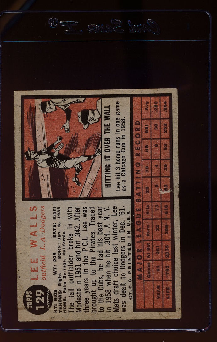 1962 Topps  129A Lee Walls/Plain Jersey, facing right  EX 12515