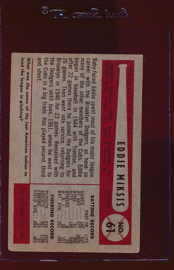 1954 Bowman  61A Eddie Miksis/.954/.962 Fielding Avg.  G 12725