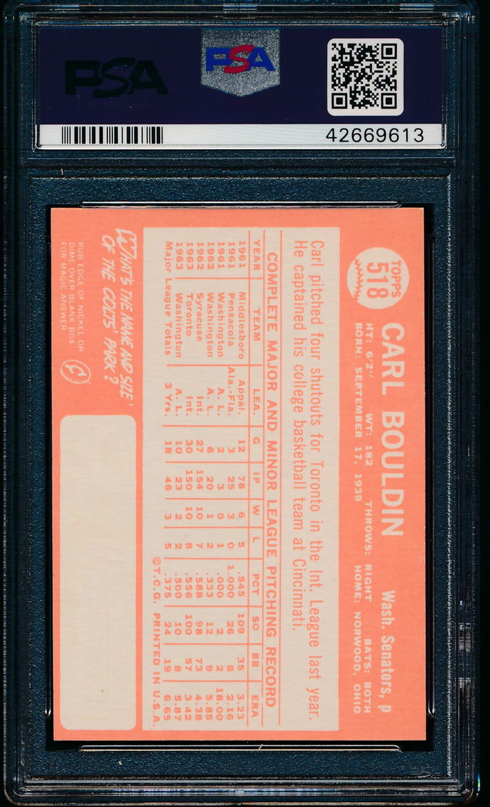 1964 Topps  518 Carl Bouldin  PSA 8 NM-MT OC 13596
