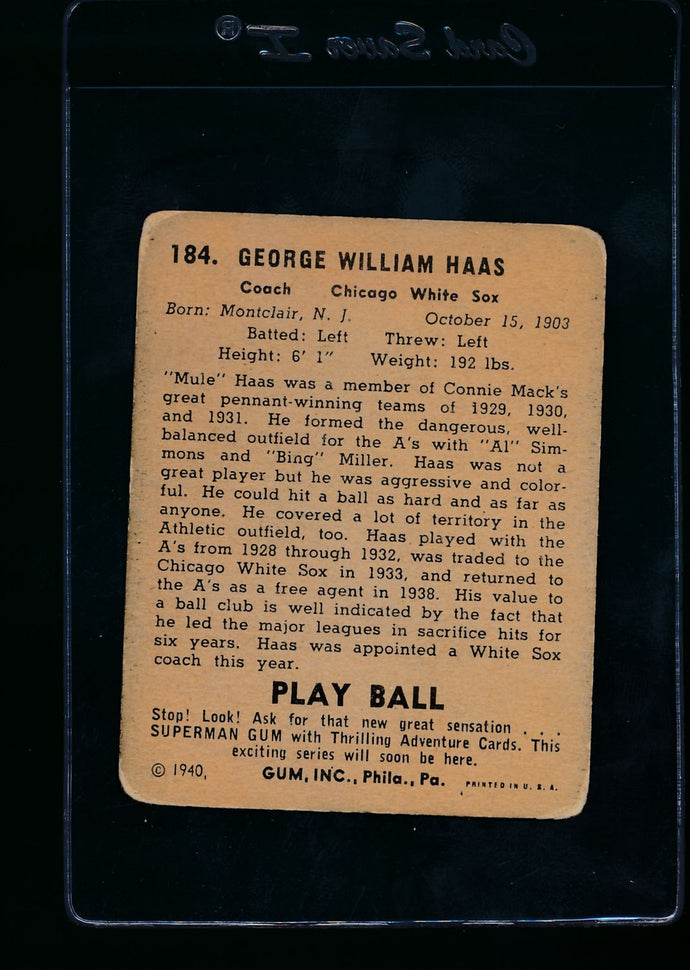 1940 Play Ball  184 Mule Haas  G/VG 13647