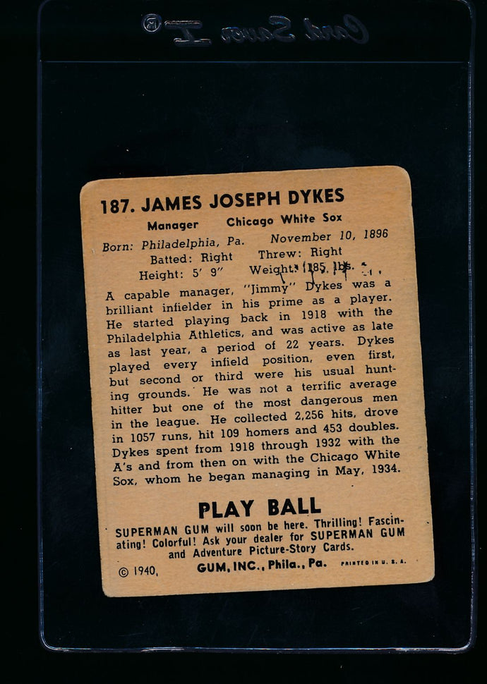 1940 Play Ball  187 Jimmy Dykes MG  VG (MK) 13650