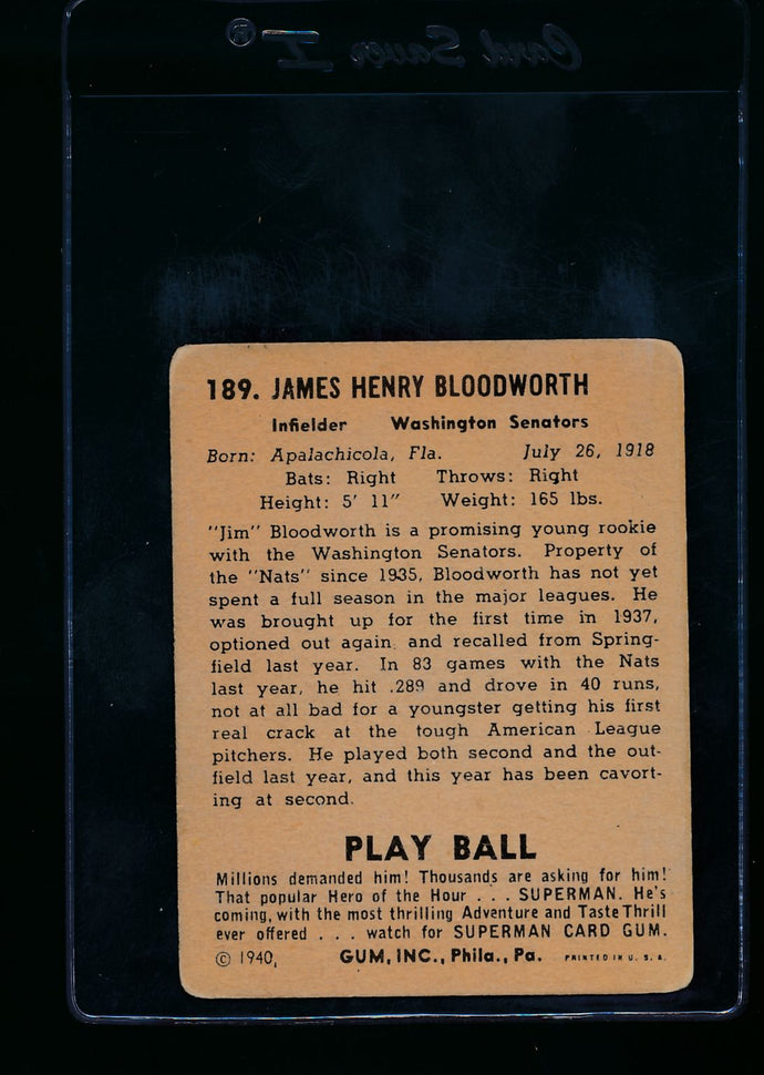 1940 Play Ball  189 Jim Bloodworth RC  VG 13652