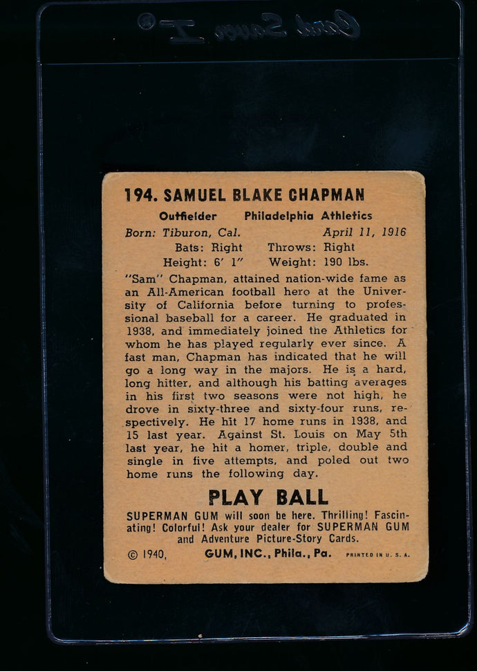 1940 Play Ball  194 Sam Chapman RC  G/VG 13656