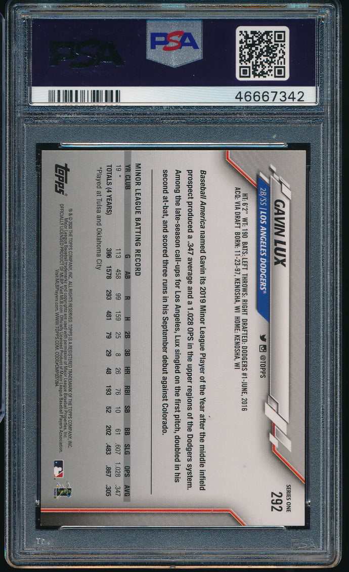 2020 Topps SP 292 GAVIN LUX SP RC PSA 10 GEM MINT 14696
