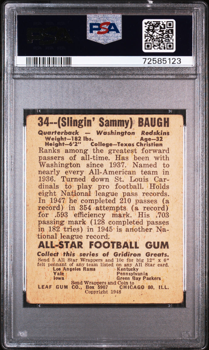 1948 Leaf  #34 Sammy Baugh  Psa 2.5