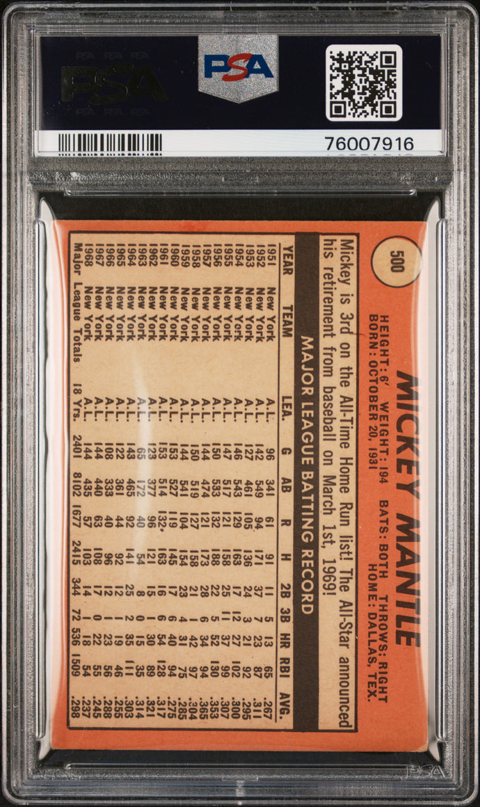 1969 Topps #500 Mickey Mantle Last Name In Yellow  Psa 2 Gd