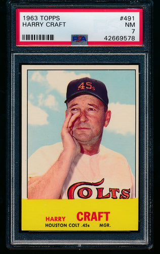 Scan of 1963 Topps 491 Harry Craft PSA 7 NM