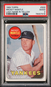 1969 Topps #500 Mickey Mantle Last Name In Yellow  Psa 2 Gd